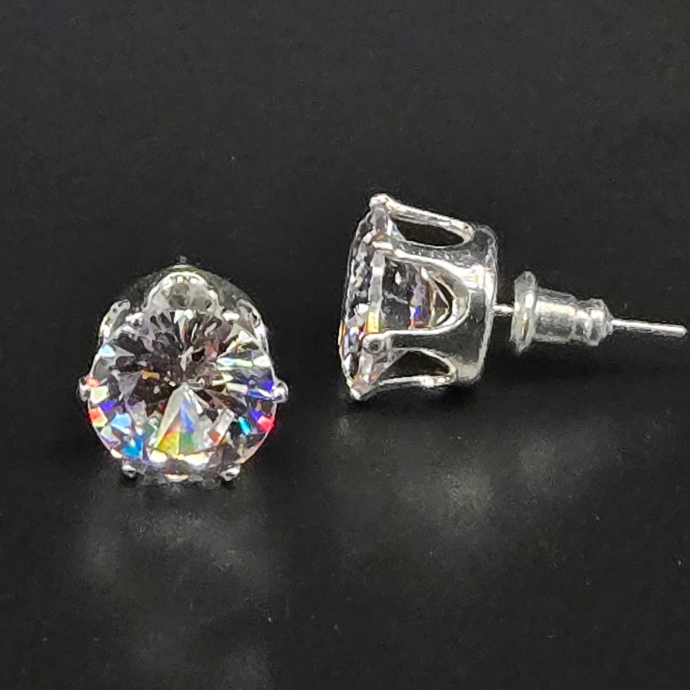 Silver Tone Round Brilliant Cut Cubic Zirconia 10mm Stud Earrings Prong Set